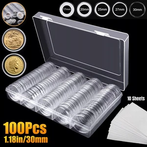 100PCS 30mm Coin Capsules Holder Clear Storage Cases with 5 Sizes Gaskets & Box - Picture 1 of 8