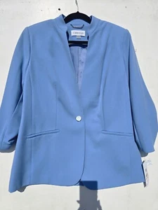 New Calvin Klein Blazer Women Size 14 Blue Sleeve Crepe Button Lined Jacket - Picture 1 of 7