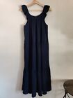 For Cynthia Tiered Ruffle Dress Size S Ruffle Sleeveless Maxi Pockets Navy Blue 