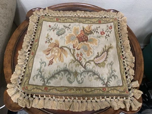 Gerry Nichol Co Needlepoint Wool Pillow Cover 22" Floral Tasseled Tan Velvet - Picture 1 of 8