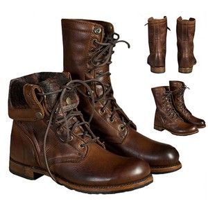 Winter Mens Combat Boots Retro Leather High-Top Lace Up Motorcycle Shoes