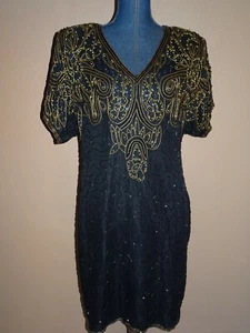 Laurence Kazar Black Vintage Beaded Sheath Peekaboo Back Silk Dress Size XL NWT - Picture 1 of 5