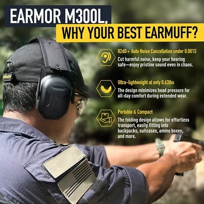 EARMOR 300L OFFICIAL Shooting Ear Protection Earmuffs for Gun Range, NRR 27dB