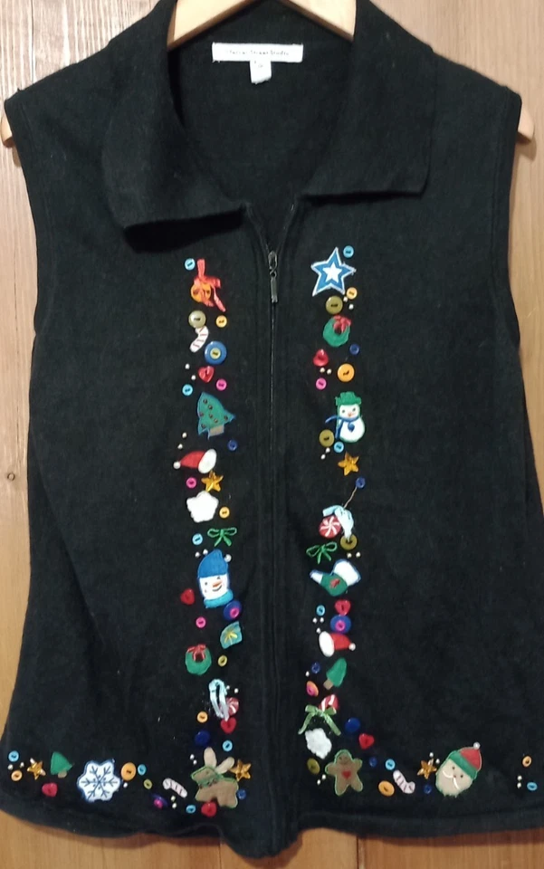 Cardigã feminino de Natal bordado de malha sem mangas com zíper preto pequeno M festivo - Imagem 1 de 4