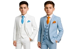 Boys Communion Suit Slim Fit Pageboy Wedding Prom Off-White Light Blue Suit Set - Picture 1 of 20