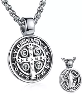 St Benedict Exorcism Medal Pendant Necklace Men'S Stainless Steel Catholic Roman - Picture 1 of 2