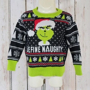 The Grinch DEFINE NAUGHTY Pullover Christmas Toddler Sweater Black Lime Grn 18M - Picture 1 of 8