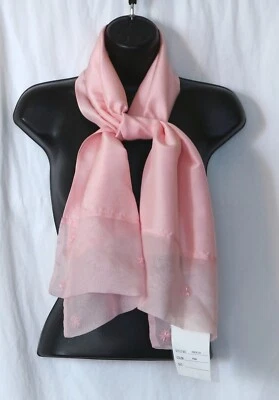 Cachecol/estola de seda rosa TERRY LEWIS com miçangas flores 15 X 54 novo sem etiquetas - Imagem 1 de 4