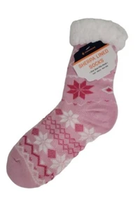 Sherpa Lined Soft Non-Slip Women's Pink Woven Slipper Socks - One Size Fits Most - Picture 1 of 4