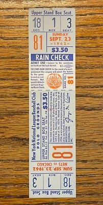 RARE FULL Ticket Polo Grounds NY Mets last home gm WON v Cubs September 23, 1962 - Image 1 of 2