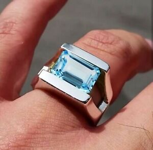 925 Sterling Silver Rectangle Blue Topaz Gemstone Boys Gents Mens Ring Jewelry