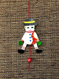Vintage Snowman Wooden Puppet Pull String Ornament 5.5" hat to shoe. Works great - Picture 1 of 6