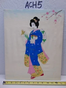 VINTAGE ASIAN JAPANESE GEISHA PAINTING OLD ON SILK BLUE KIMONO SIGNED FLOWERS - Picture 1 of 8