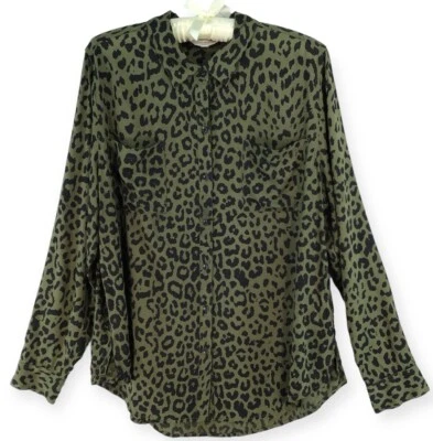 Блузка женская Lucky Brand большая леопардовый принт зеленая черная на пуговицах длинная SLeeve - Изображение 1 из 4
