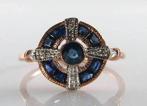 9CT 9K ROSE GOLD SAPPHIRE DIAMOND ART DECO INS CELTIC CIRCLE RING FREE RESIZE - Picture 1 of 5