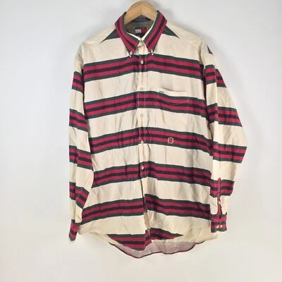 VINTAGE 90s Tommy Hilfiger mens button up shirt size L cream striped 105773 - image 1 of 4