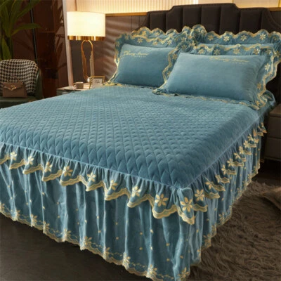 Quilted Velvet Ruffle Skirt Bedspread King Queen Size Emboridered Soft Thick - Image 1 of 4