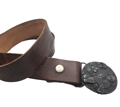 Leather Belt Buckle Clock Gears Steampunk Vintage America Watchmaker Co Railroad - Image 1 of 4