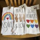 Rae Dunn Pride Rainbow Hearts Love Always Peace Kitchen Hand Towels Set Of 6 NWT