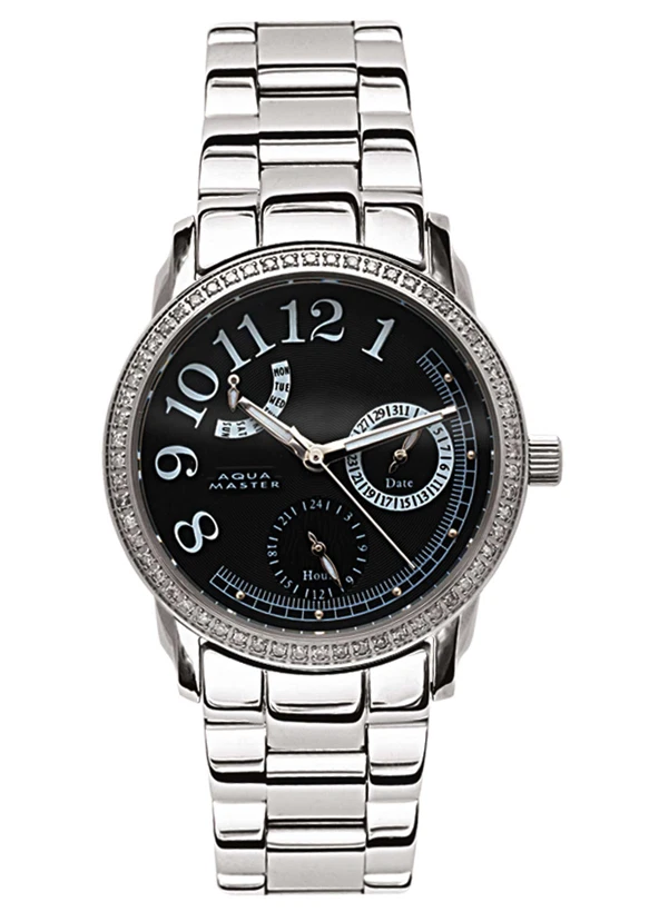 Aqua Master Women's Black Dial Stainless Steel Case .24ct Diamonds Watch W#117 - Image 1 of 1
