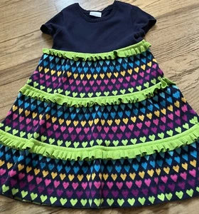 Hanna Andersson Little Girls 110 (5/6) NavyDress Ruffle Accent Heart Pattern - Picture 1 of 8