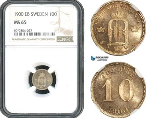 AH490, Sweden, Oscar II, 10 Öre 1900 EB, Stockholm Mint, Silver, NGC MS65 - Picture 1 of 1