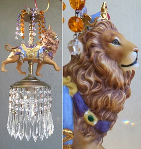 Porcelain Carousel Lion Lamp Swag Chandelier Vintage African Royal Topaz Purple - Picture 1 of 12