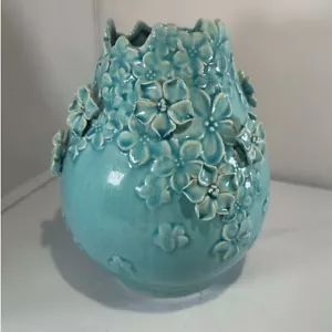 Floral Ceramic Vase Aqua Blue Flower Accent Vase Home Decor Table Centerpiece - Picture 1 of 7