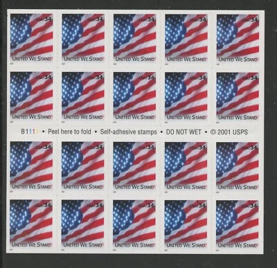 US 3549a, 2001 34c "UNITED WE STAND." BP OF 20, PLATE #B1111, MNH (US3795K) - Image 1 of 2