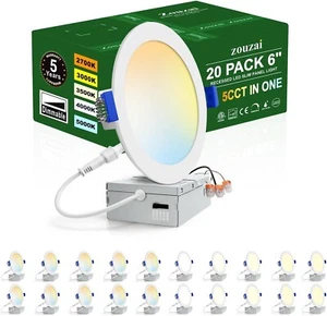 Zouzai 20 Pack 6” Ultra-Thin 5CCT Adjustable LED Recessed Lights Junction Box - Picture 1 of 12