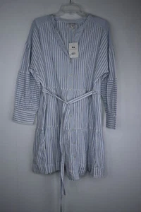 Women's Free Assembly Tiered Mini Shirt Dress with Long Sleeves Striped-Blue XXL - Picture 1 of 4