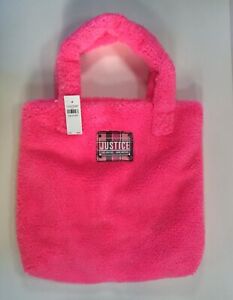 New Justice Pink Fuzzy Sherpa Tote 14" W x 15" H Bag Purse