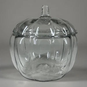Vintage Clear Glass Pumpkin Candy Jar with Lid 7” Tall Fall Decor - Picture 1 of 13