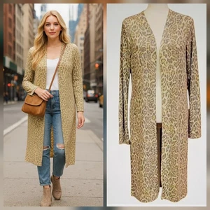 Duster Length Longline Cardigan Sweater Animal Print Open Front Boho Mobwife - Picture 1 of 13