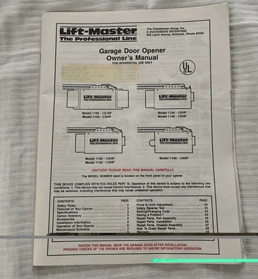 Lift-master Garage Door Opener Owners Manual Models 1140 1150 1160 - Image 1 of 3