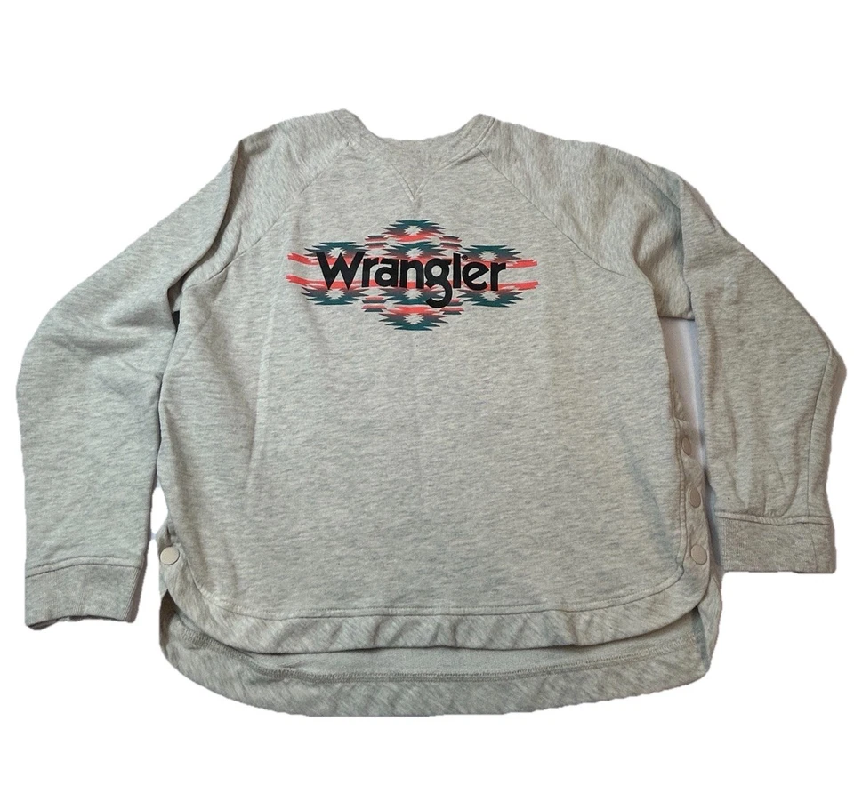 Wrangler Retro Sweatshirt Womens XL Gray Aztec Logo Pullover Crew Neck Snap Hem - Imagem 1 de 4