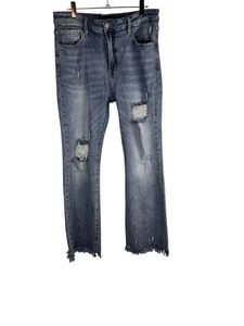 Pantalones de mezclilla Risen elásticos desgastados dobladillo crudo recto tiro alto 13/31 - Imagen 1 de 6