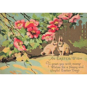 Vintage Ostern Wunsch Postkarte Hasen Blumen Grüße - Bild 1 von 2