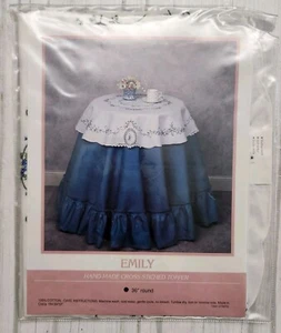 Hand Cross Stitch Crochet Round Table Topper 36" x 36" New Blue Floral - Picture 1 of 8