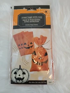 Halloween  Treat Bags 4 Pcs Canvas Jack O Lantern with Ties 4" x8 "  - Picture 1 of 2