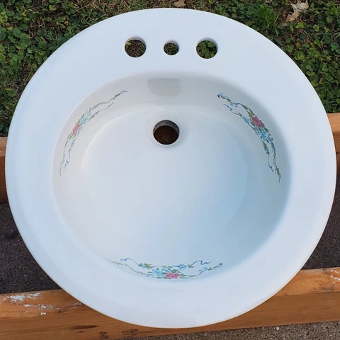 Vintage OriginaL PorceLain FloraL Bathroom Sink 5-18-1968 Excellent Shape Cover