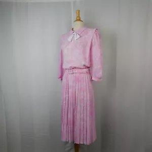 Vintage 80s Alexis Pleated Skirt Belted Midi Dress CottageCore 13-14, Pink #9694 - Picture 1 of 7