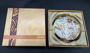 Vintage Make-Up Mirror Powder Case Hummingbird Gold Chokin Art Collection W/ Box - Picture 1 of 12