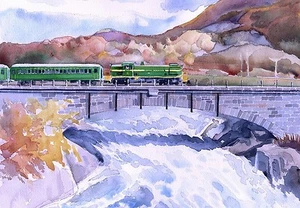 Tarjetas de notas artísticas de acuarela Green Mountain Railroad fuelle Falls Vermont Bridge - Imagen 1 de 2