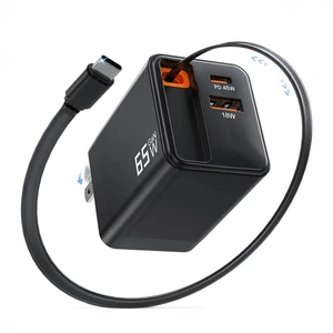 65W GaN USB-C Wall Charger Retractable Cable 3-in-1 Fast Charging Block DualPort - Picture 1 of 6