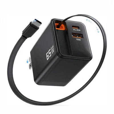 65W GaN USB-C Wall Charger Retractable Cable 3-in-1 Fast Charging Block DualPort - Image 1 of 4