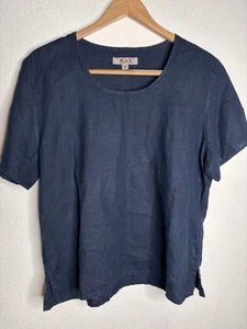 FLAX Navy Blue 100% Linen Short Sleeve Top Women Size M - Picture 1 of 10