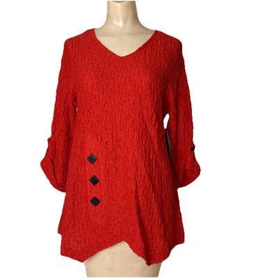 Ali Miles Blouse Women's Petite Medium Top Red w Black diamond buttons textured - Image 1 of 4