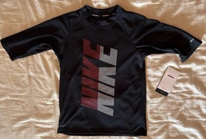 NWT Nike Swim Kids Small Long Sleeve Shirt Dri Fit UPF 40+ Graphic Print Black - Picture 1 of 8