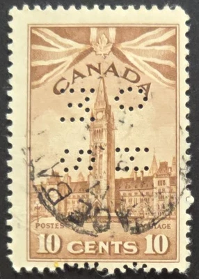 Canada - 1935 Scott #211 10¢ Centre Block of Parliament O.H.M.S. PERFIN - Stamp - Image 1 of 3